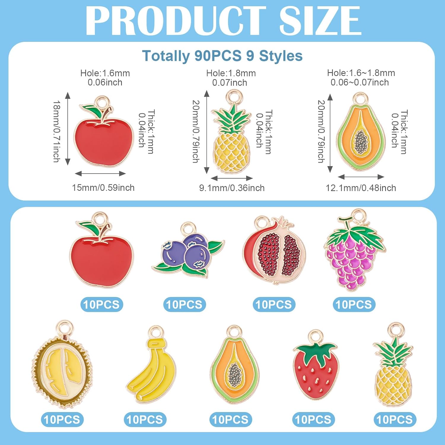 90Pcs Enamel Fruit Charms 16 Styles Alloy Pineapple Banana Strawberry Blueberry Durian Grape Guava Food Charms Summer Jewelry Pendants for DIY Bracelets Earrings Necklace Crafts Supplies - Image 4