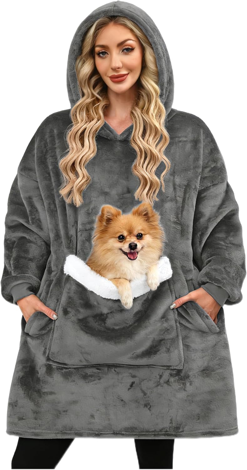 Wearable Blanket Hoodie Gifts for Women Men, Oversized Blanket Sweatshirt Cozy Fleece Blanket with Dog Giant Pocket