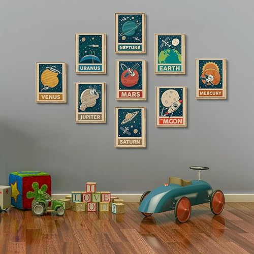 Miniatura 8 de 9 piezas de arte de pared retro del sistema solar para cuarto de niños, imágenes espaciales retroespaciales, galaxia, decoración de pared, pinturas