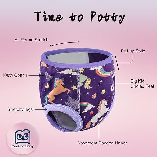 Miniatura 10 de MooMoo Baby Ropa interior de entrenamiento para ir al baño, paquete de 10 pantalones absorbentes de entrenamiento para niños y niñas, algodón 2T-7T