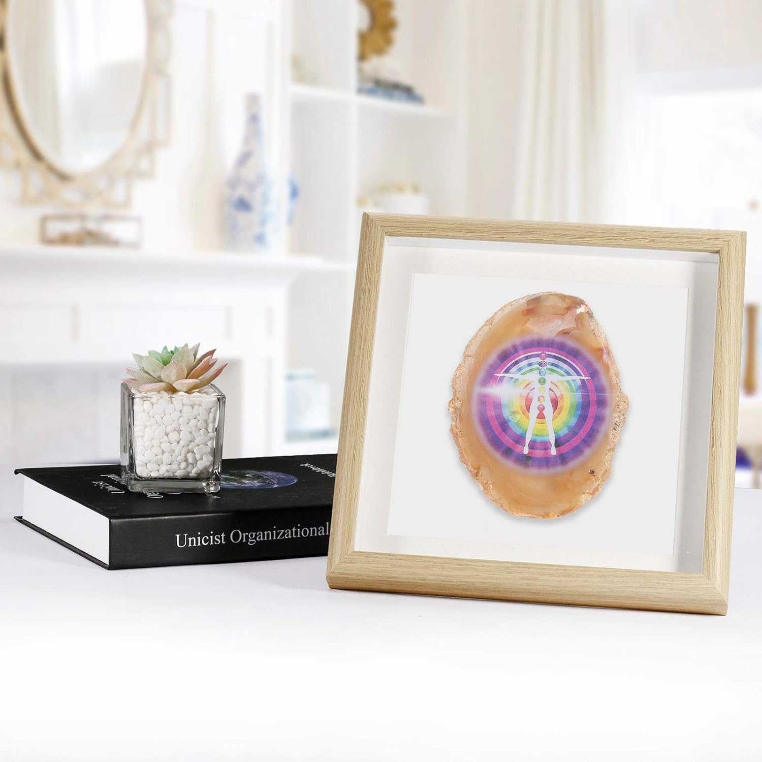 mookaitedecor Framed Chakra Agate Photo Frame, Geode Slice Stone Wall Art for Tabletop Office Home Decoration Display 8.8 Inches