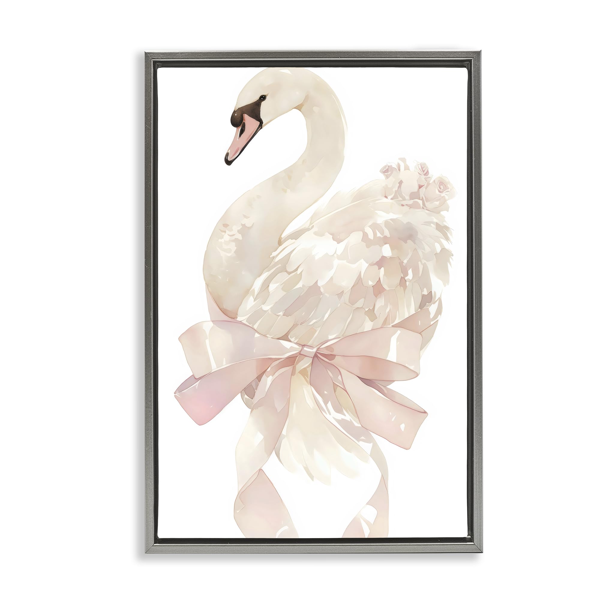 Stupell Industries 'Coquette Swan with Bow', Floating Frame Canvas Art, Gray, 17 x 25 Inches, Easy to Hang and Sturdy, Made in USA, by Creative Studio