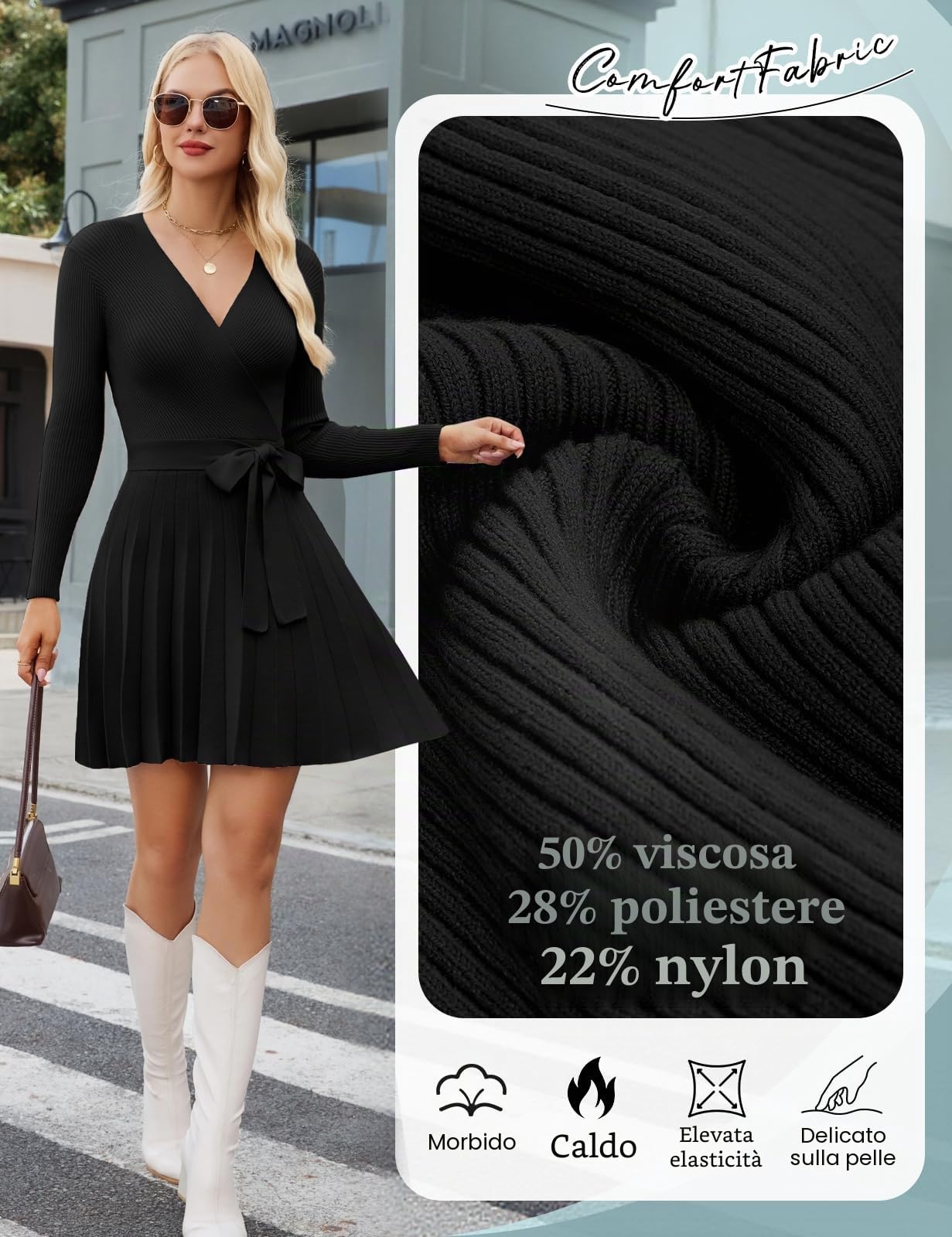 Vestito Donna Invernale Elegante Maglione Vestiti Maniche Lunghe Maglia Scollo a V Abito Elasticizzato Casual Tubino Lavorato Abiti Autunno Inverno
