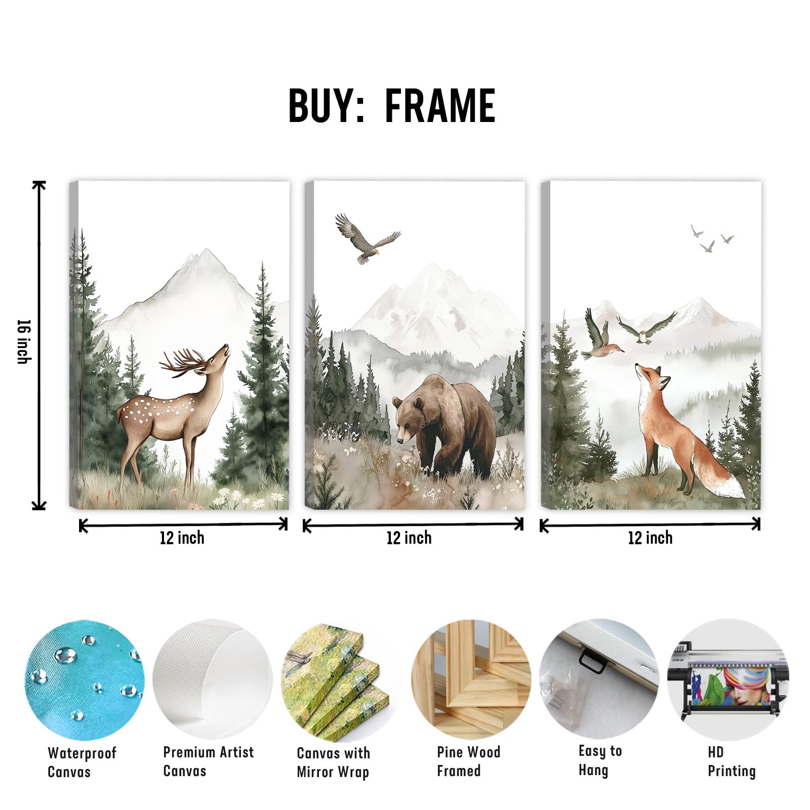 Nursery Wall Art Wild Woodland Animals Wall Decor Deer Bear Fox Watercolor Pictures Paintings Prints Adventure Theme Canvas Posters for Boys Bedroom Girls Living Room 12x16 inches 3Pcs Framed