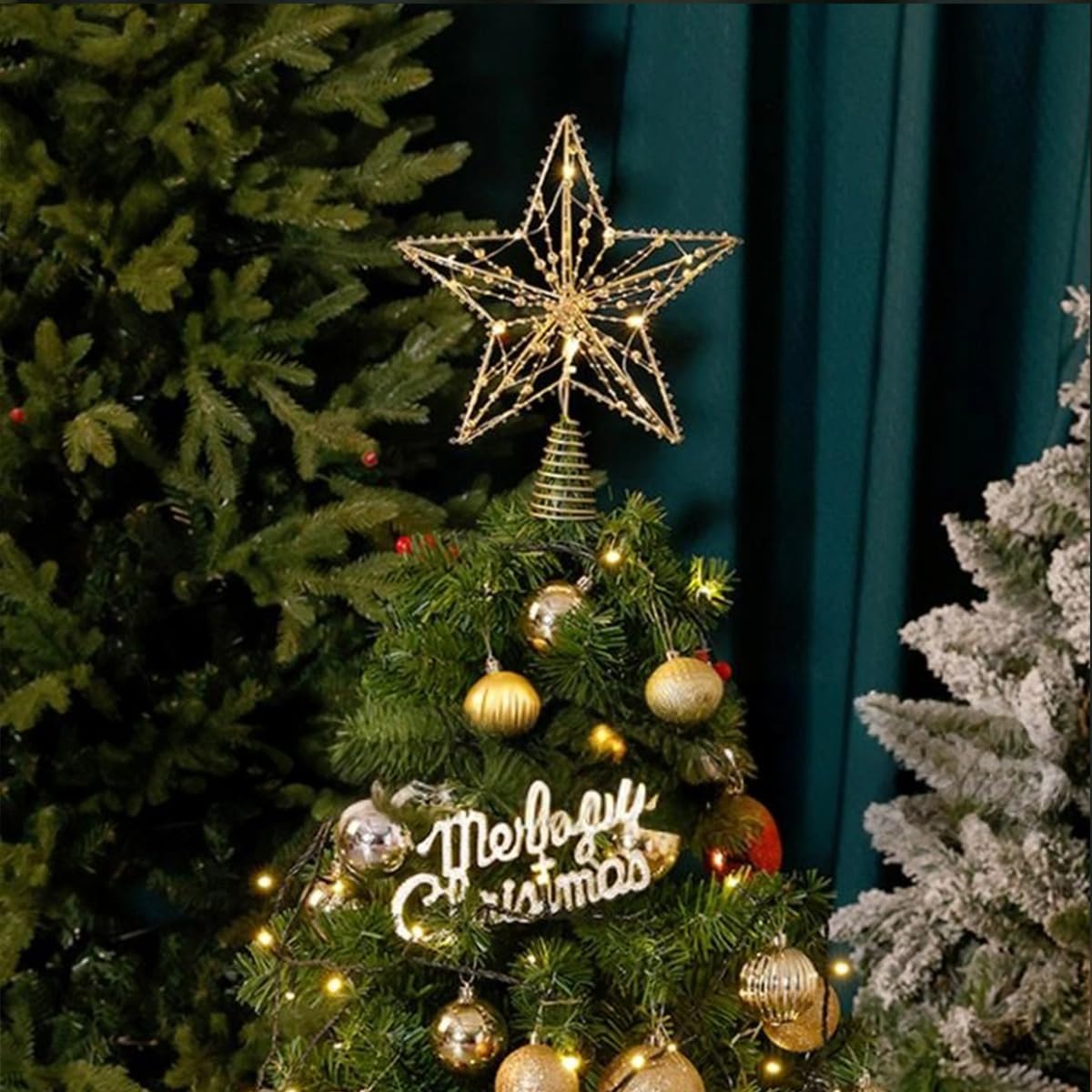 Décoration de Sommet d'arbre, Étoile de Sapin de Noël Cimier d'arbre Pré-Éclairé en Rotin Naturel avec Étoile pour La Décoration de La Maison de Vacances de Noël, du Nouvel an,B