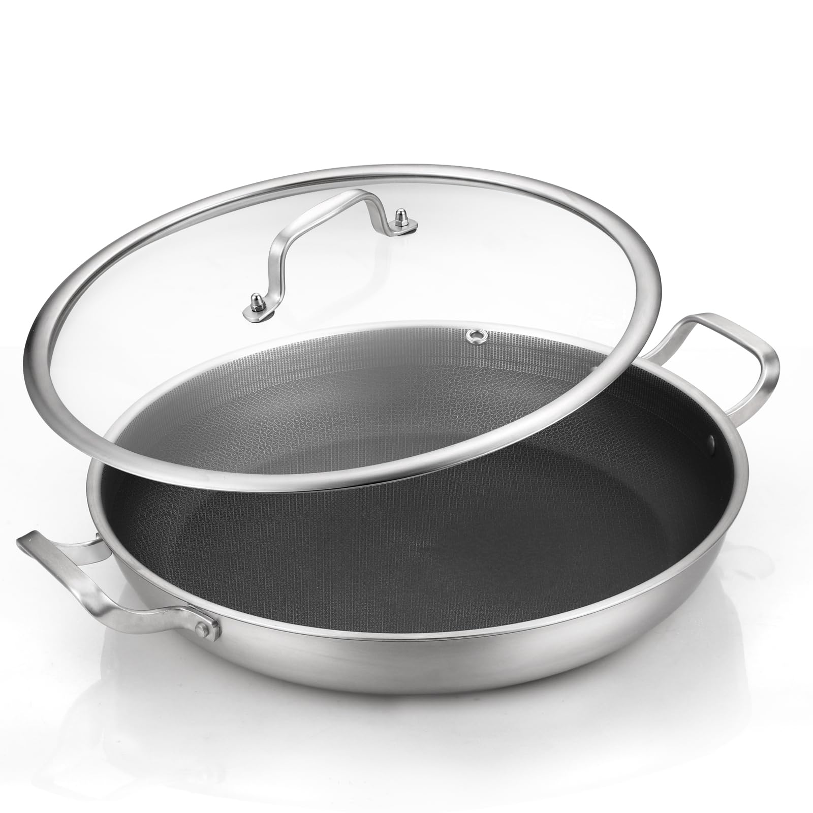 DELARLO Padella per paella in acciaio inox a tre strati da 33 cm con coperchio antiaderente, padella grande per induzione Hybird, ideale per feste di paella in ambienti interni ed esterni, resistente,