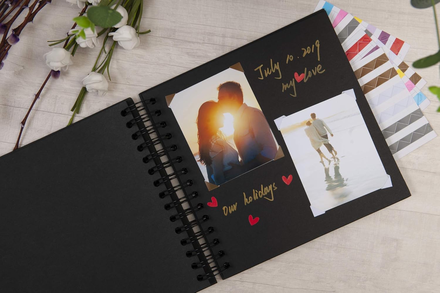 potricher 8 x 8 Inch DIY Scrapbook Photo Album Hardcover Kraft Blank Black Page Wedding and Anniversary Family Photo Album (Black, 8 Inch)