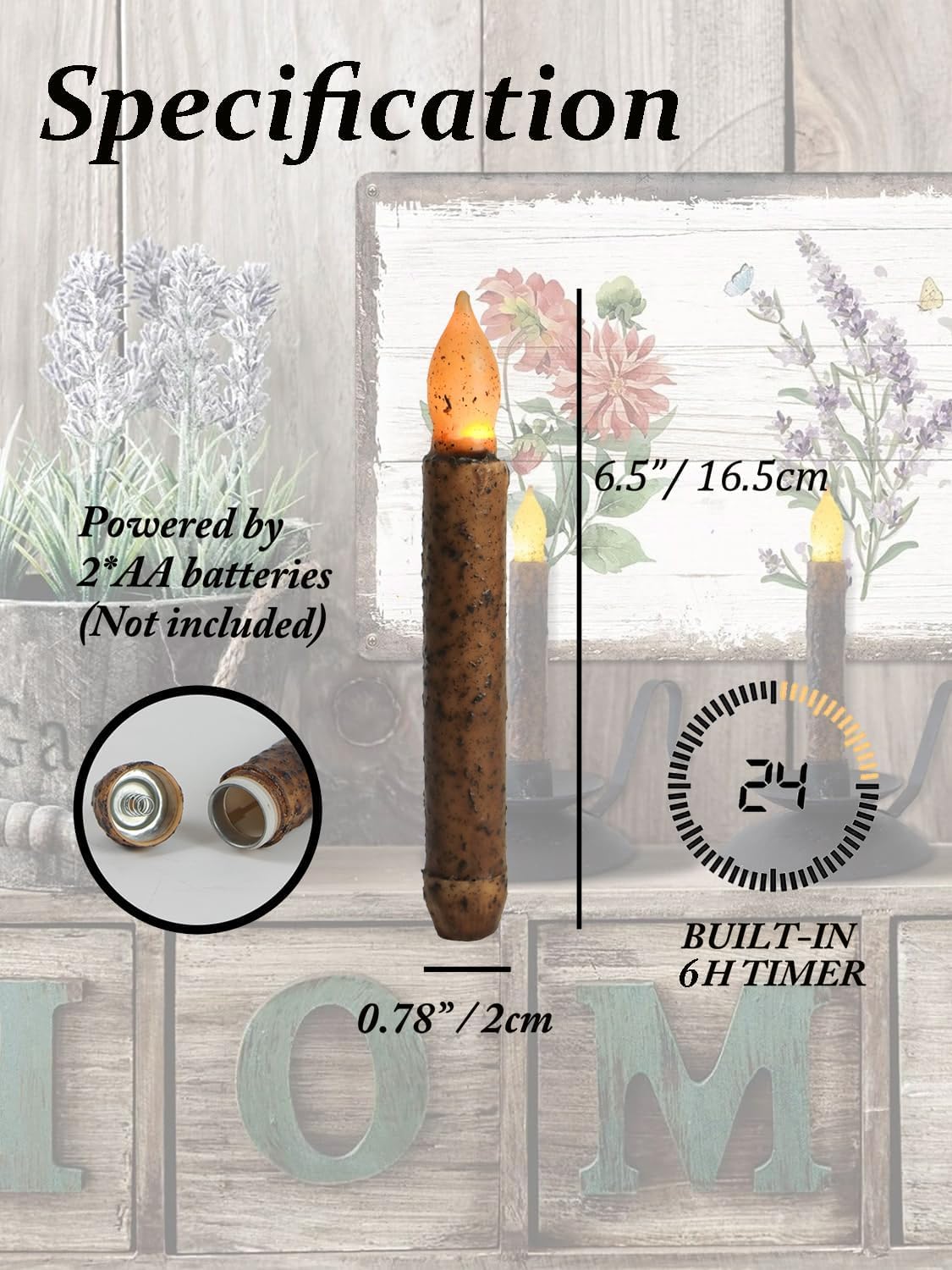 Paquete de 12 velas primitivas de cera real, funciona con pilas, sin temporizador, sumergidas a mano de 6.5 pulgadas, amarillo ámbar, parpadeante, rústico, sin llama, para decoración de
