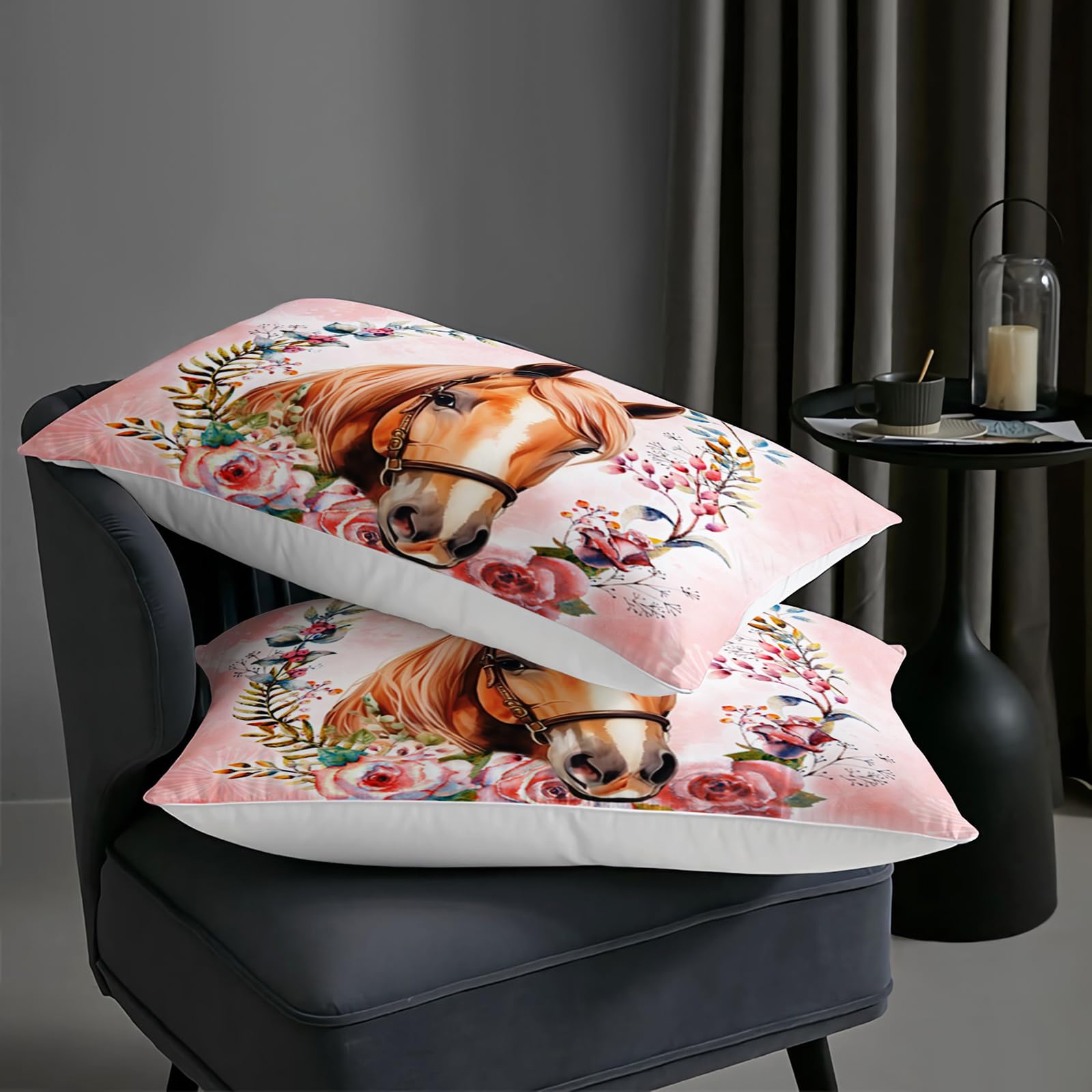 AILONEN Hermoso juego de edredón de caballo, tamaño Queen, juego de cama de caballo con aro floral para niños y niñas, juego de edredón de animales kawaii, cama temática rosa en una bolsa, microfibra