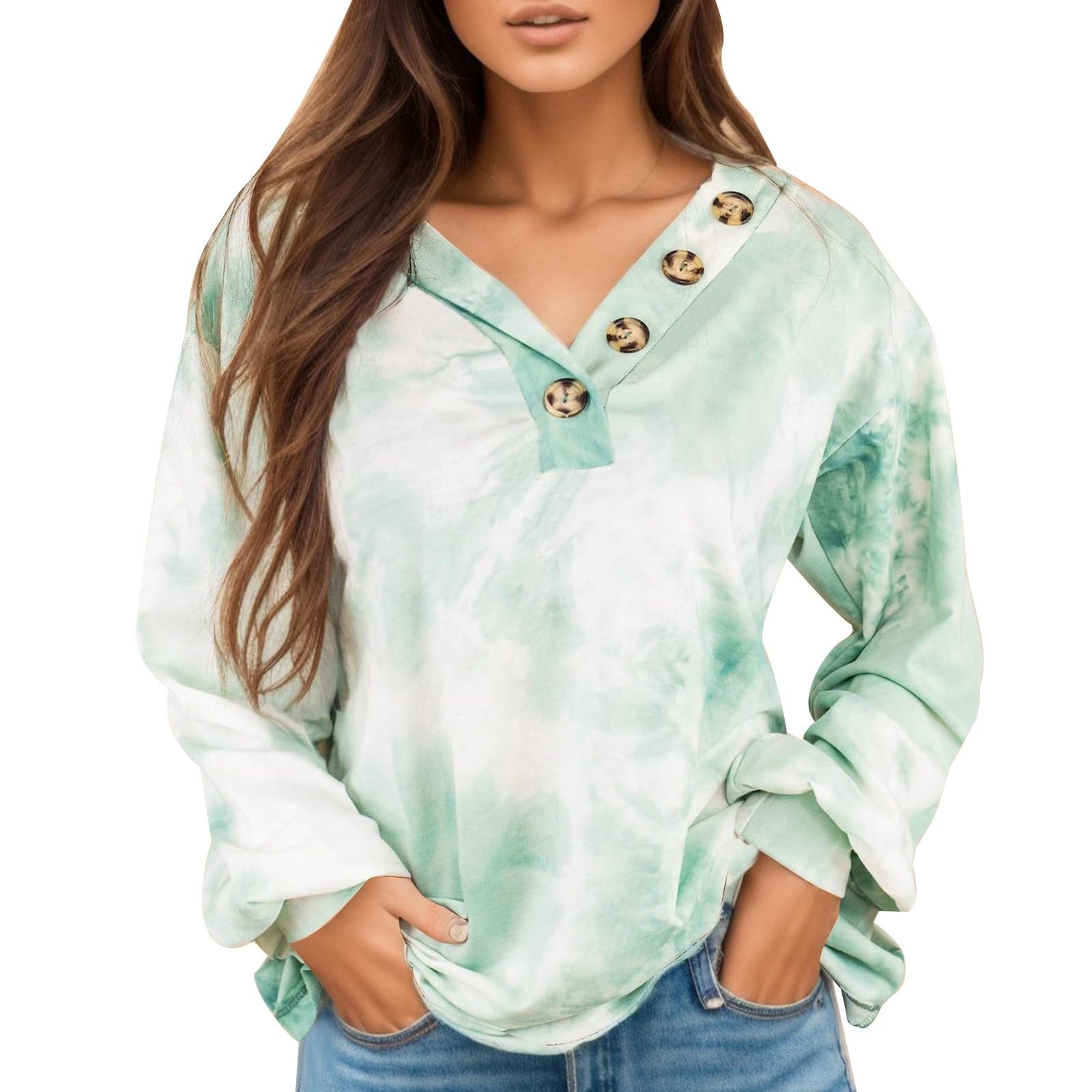 Color Top Casual Button V Neck Tie Dye Sweatshirt Zip Hoodie Women Light