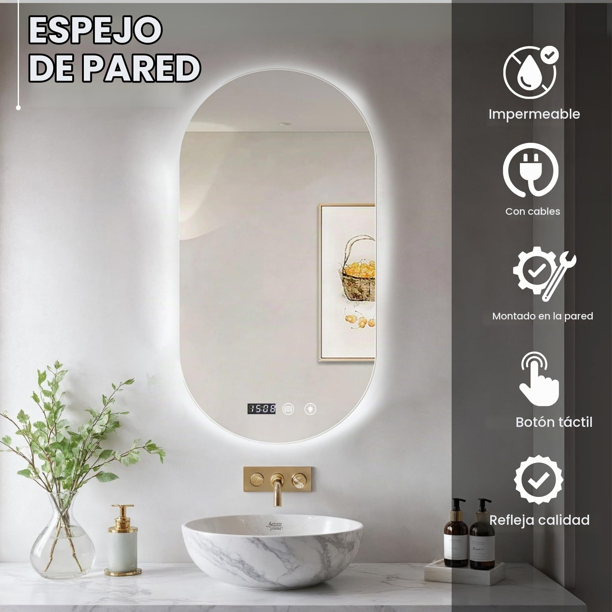 MAGIC SELECT Espejo de Baño con Luz Ovalado de Pared 60x90cm | Con Enchufe, 3 Tonos de Color, Ajuste de Brillo y Antivaho, Indicador de Hora y Temperatura, Vertical