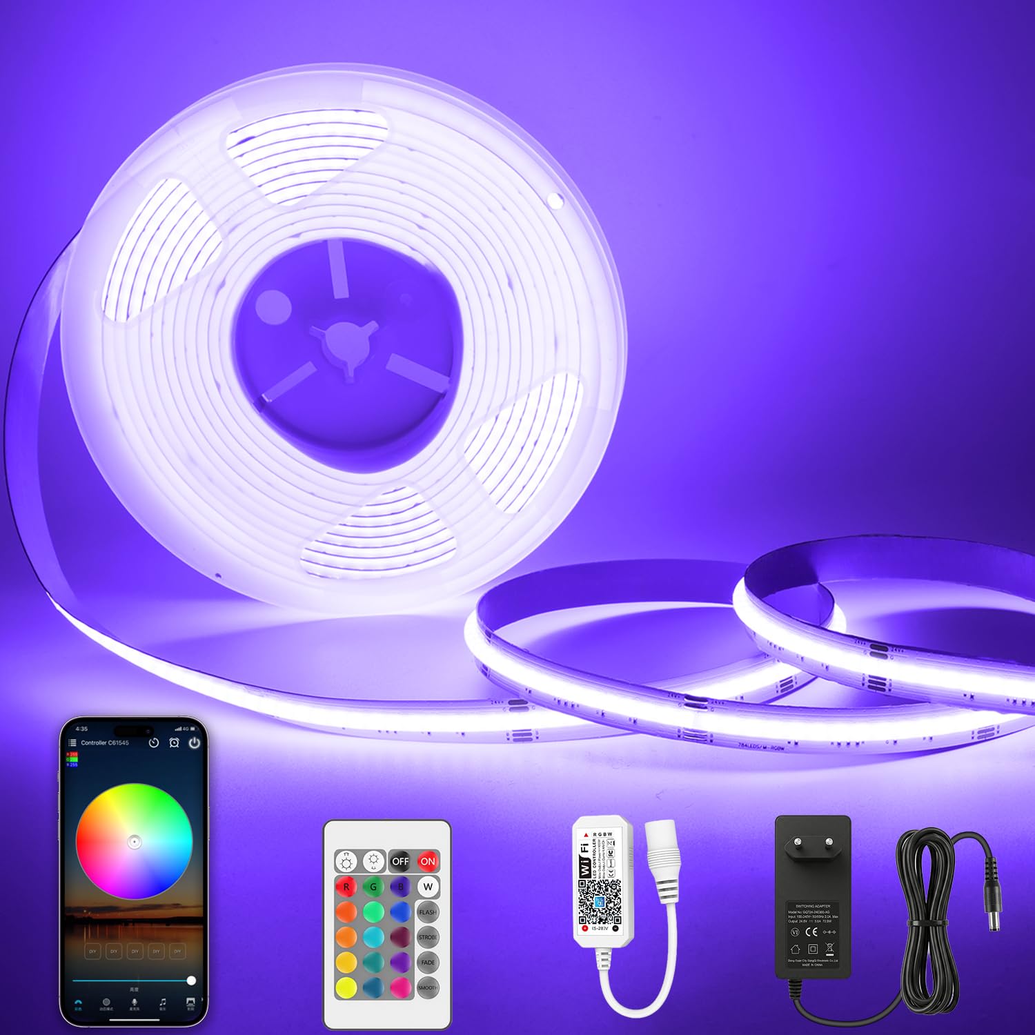 LED COB Ruban RGBW 24V 5M dimmable avec télécommande et bloc d'alimentation Bande RGB + blanc chaud 3000 K, haute densité 784 LED/m, contrôlable via application, compatible avec Alexa et Google Home