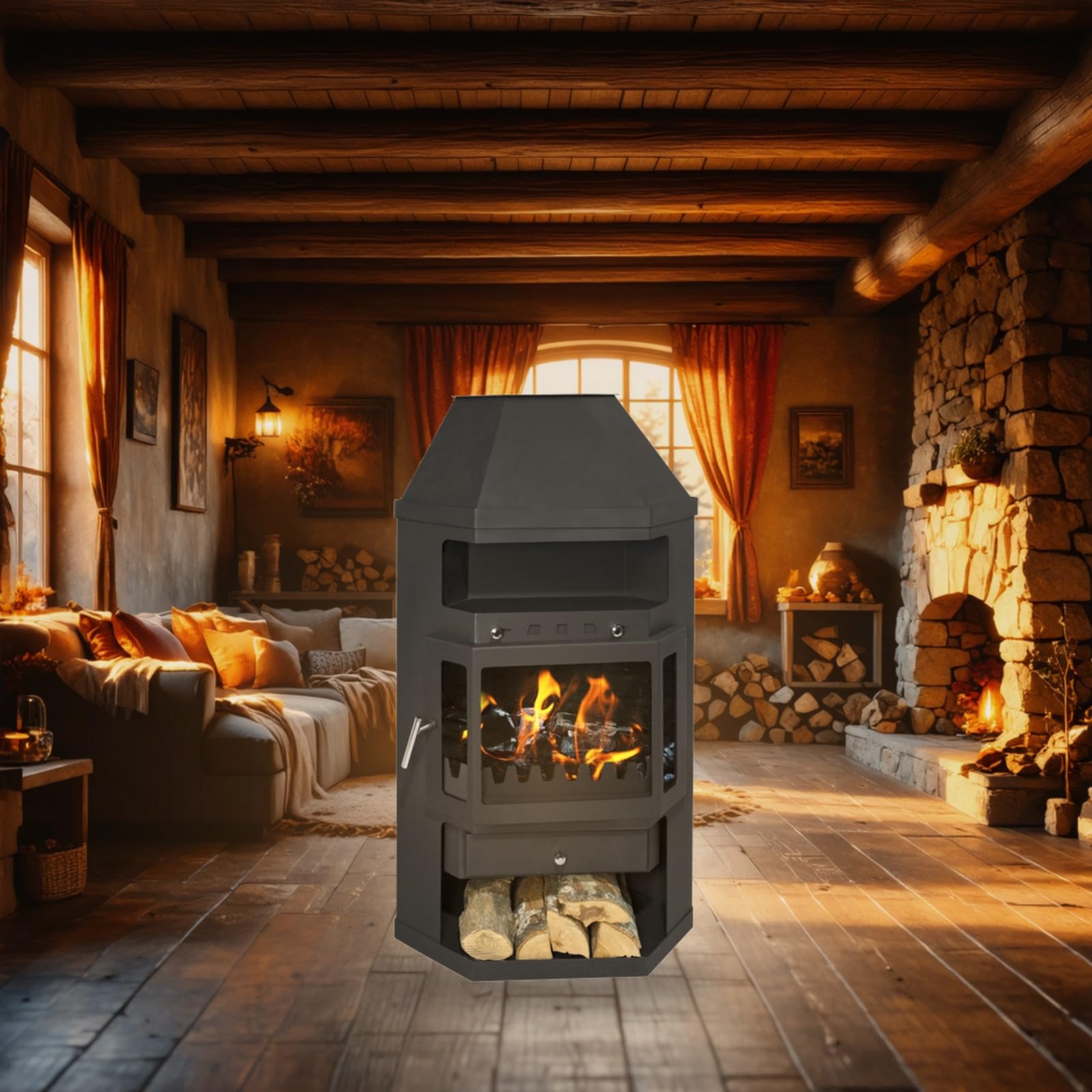 EIDER BIOMASA Estufa de Leña LINAM ESQUINA – 13,85 kW – Rendimiento 78% – Hasta 270 m³ – Doble Combustión – Certificada CE