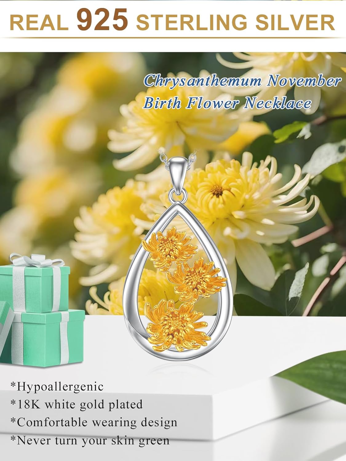Teardrop Chrysanthemum Necklace 925 Sterling Silver November Birth Flower Pendant Floral Birthday Jewelry Gift for Women - Image 6