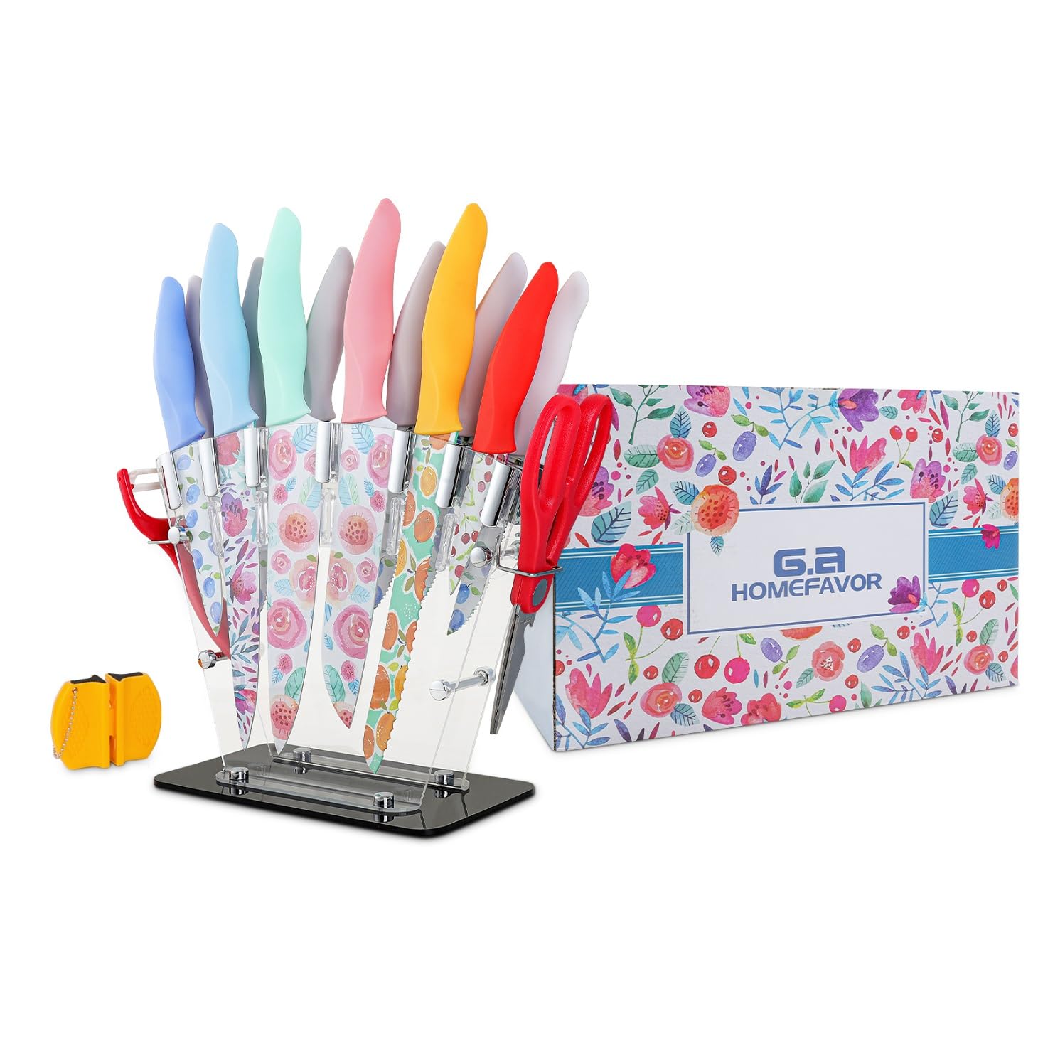 G.a HOMEFAVOR Knife Set for Kitchen, 16Pcs Stainless Steel Print Nonstick Coated Blade Kitchen Knives with Acrylic Stand, Multicolored