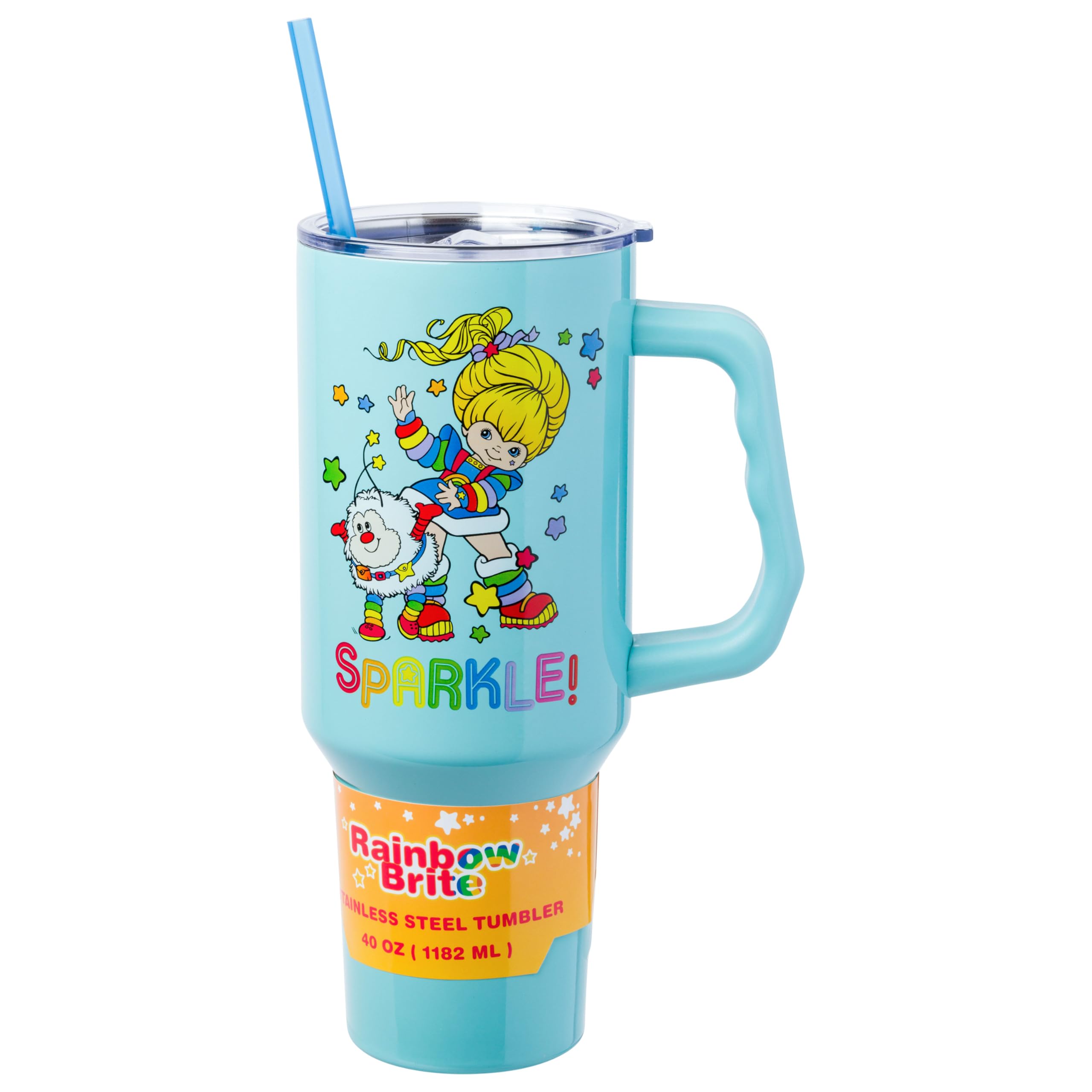 Rainbow Brite and Twink Sparkle Stainless Steel Tumbler with Handle and Straw, Fits in Standard Cup Holder, 40 Ounces