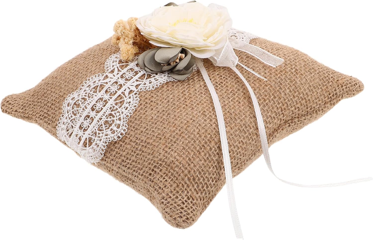 Vintage Wedding Ring Pillow Burlap Lace Bridal Ceremony Cushion with Pocket, Rustic Ring Bearer Pillow for Engagement and Wedding Display, Coffee Color Linen Cushion