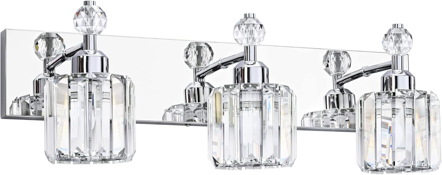 PRESDE Modern Crystal Bathroom Lights Fixtures Over Mirror Chrome 3 Light Vanity Light for Bathroom Wall Lights Fixtures
