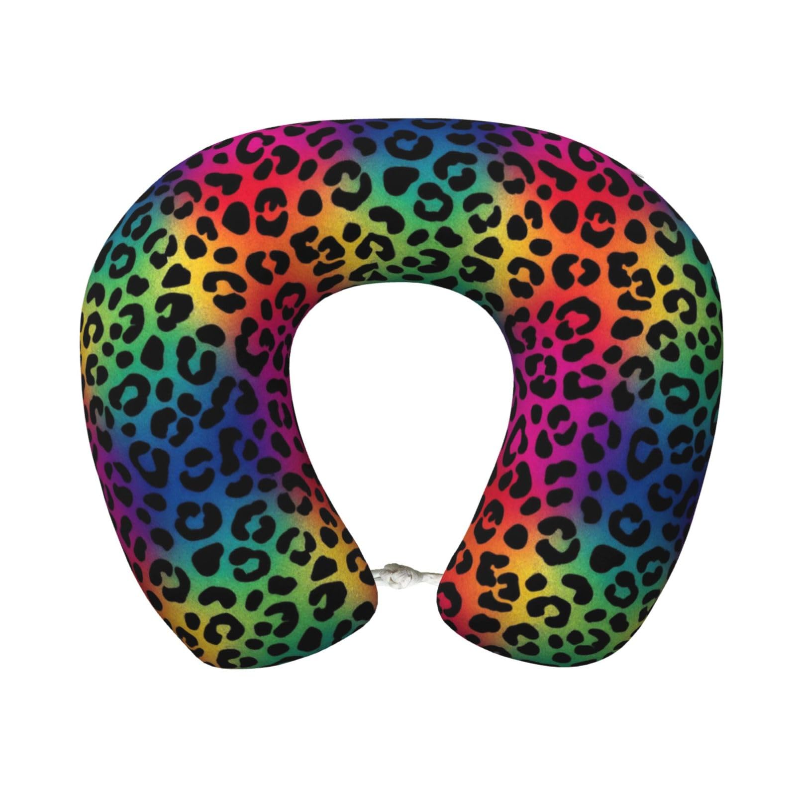 peiyeety Leopard Neon Rainbow Gradient Print Travel Pillow Memory Foam, Portable Neck Pillow for Airplane, Car and Office