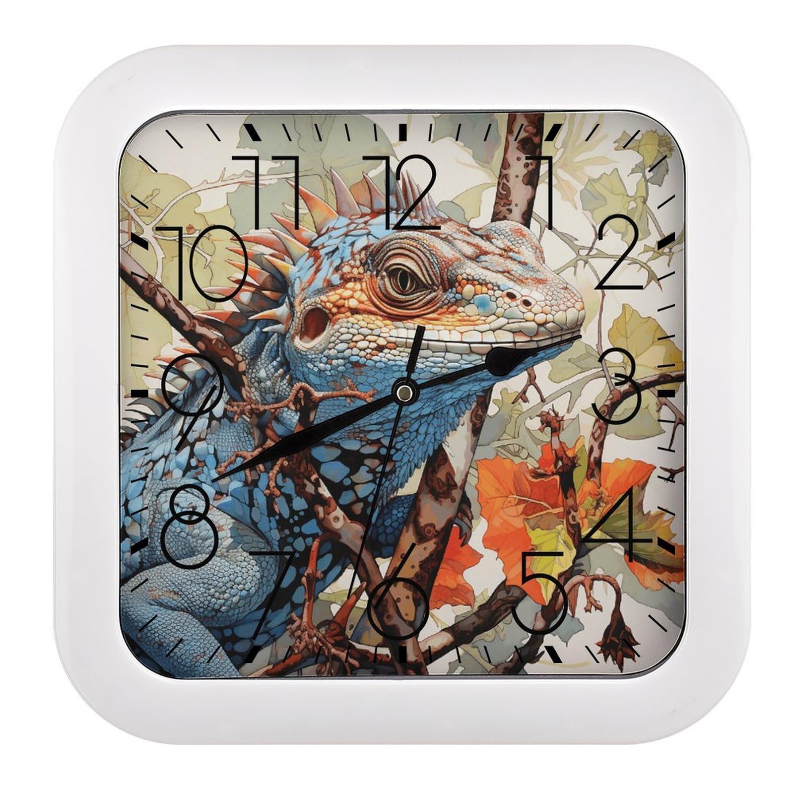 FekiLoot Lizard on The Branch Wall Clock Battery Operated Square Decorative Wall Clocks Silent Non Ticking Analog Clock Modern Retro Vintage Wall Clocks for Kitchen Living Room Office 10.2 Inch