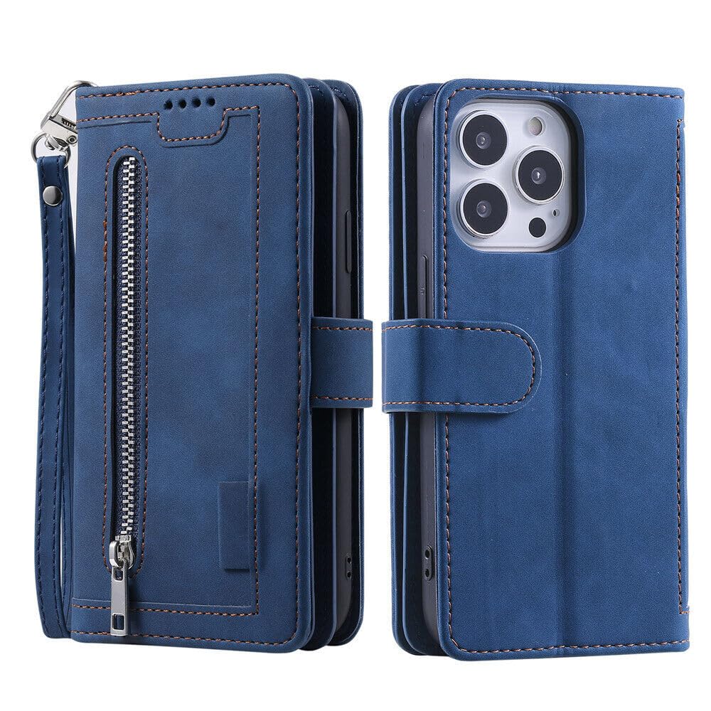 Étui en cuir iPhone 16 Pro Max bleu rétro avec fermeture éclair - 7