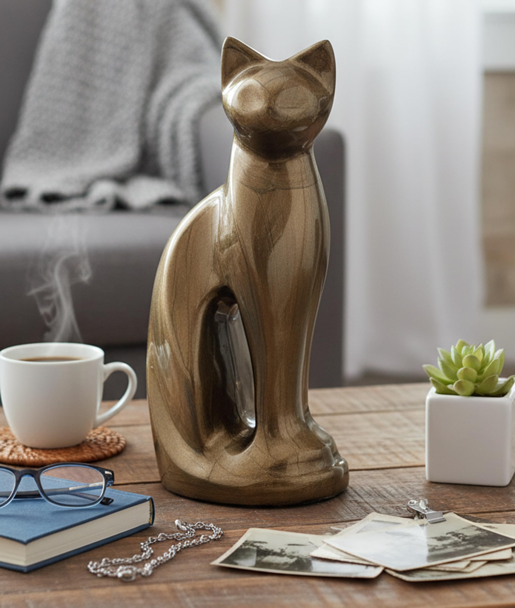 eSplanade- Cat kitten shape cremation urn | Memorial Human Ashes Container Jar Pot | Burial Funeral Urns |Golden-Size - 9 inches.