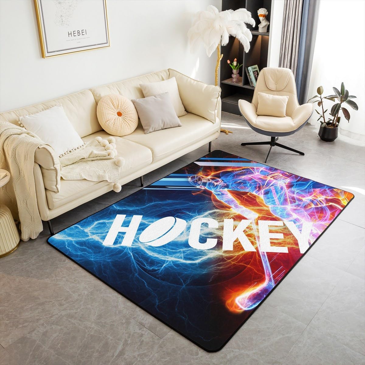 Erosebridal Ice Hockey Area Rug 5x7,Puck Hockey Player Non Slip Rug for Kids Boys Girls Teens,Red Blue Lightening Indoor Floor Mat,Winter Sports Game Carpet Bedroom Living Room Decor for All Season