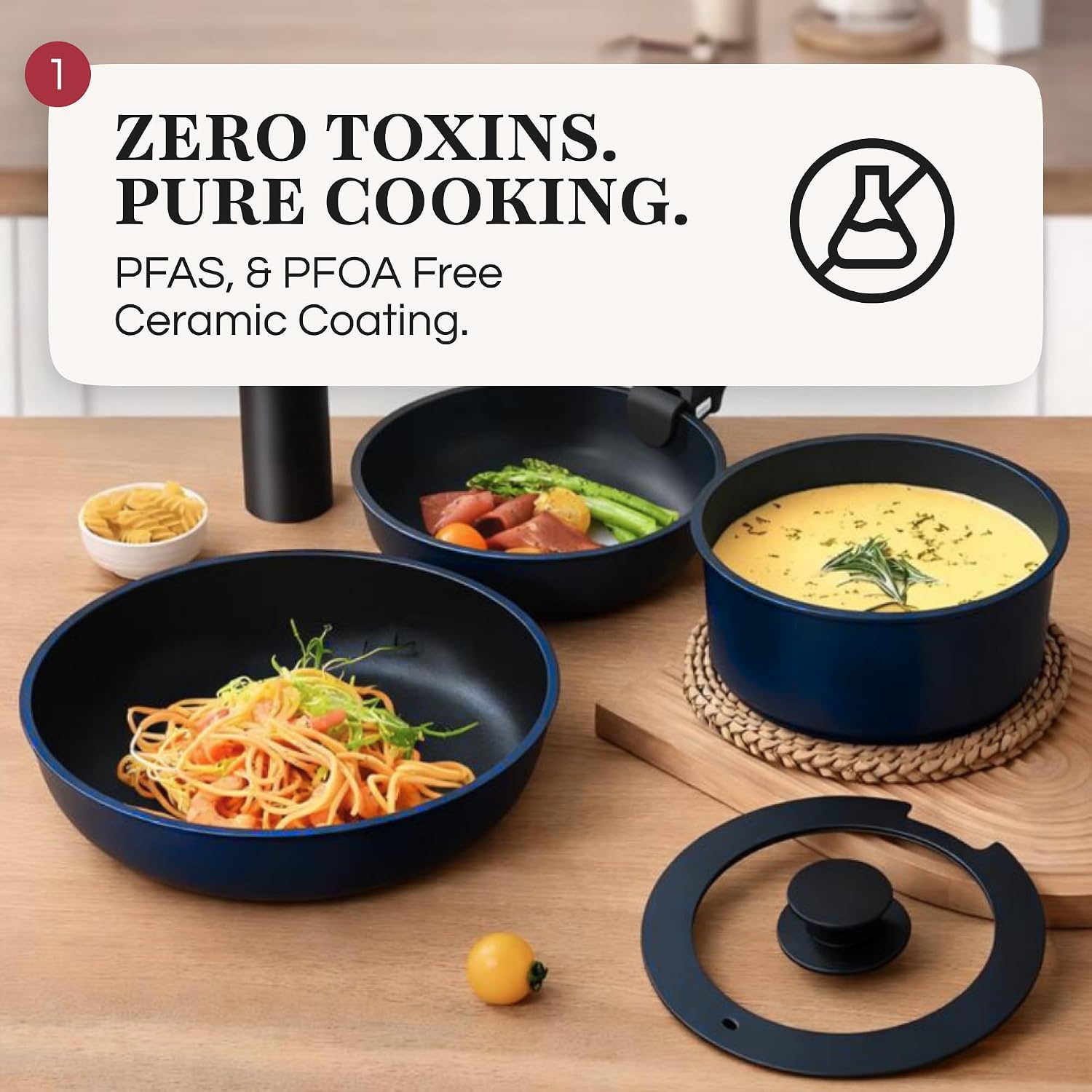 GOURMETIFIC® Pots and Pans Cookware Set [11 PCS] - Non Toxic Ceramic Coated Cooking Ware - Induction, Gas & Oven Kitchenware - Non Stick Pot & Pan Removable Handles & Stackable - ME (Aurora Blue)