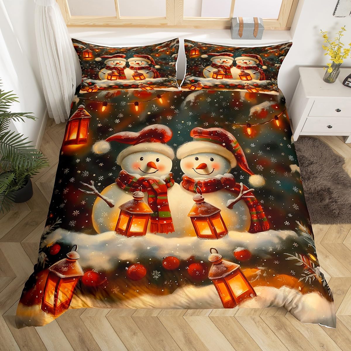 Housse de couette bonhomme de neige, parure de lit Noël pour fille et garçon