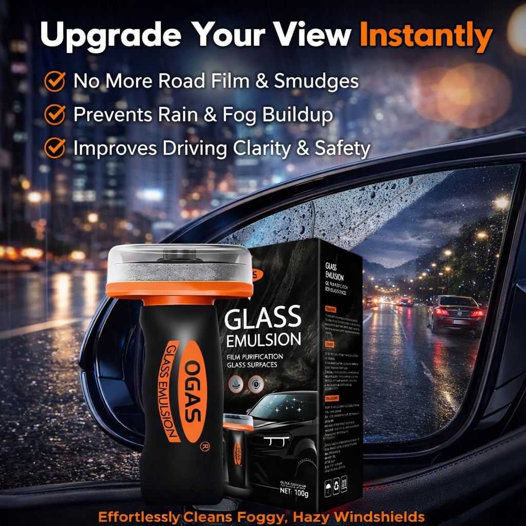 glass oil film remover for car, 100ml roll-on glass compound with cleaning board, removes oil film & smudges, improve windshield clarity for safe driving