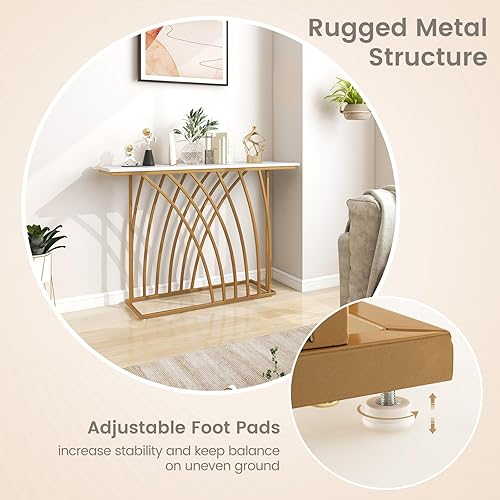 Miniatura 6 de GOFLAME Mesa consola dorada de 48 pulgadas, mesa de entrada moderna con mesa de mármol sintético blanco, base geométrica, mesa de sofá larga y