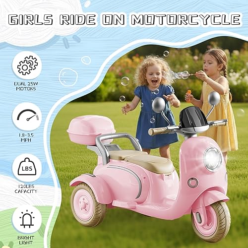 Miniatura 3 de HEIMILI Motocicleta eléctrica para niños, scooter eléctrico para niños de 3 años, juguete para niñas, scooter de 3 ruedas de 12 V para niños con