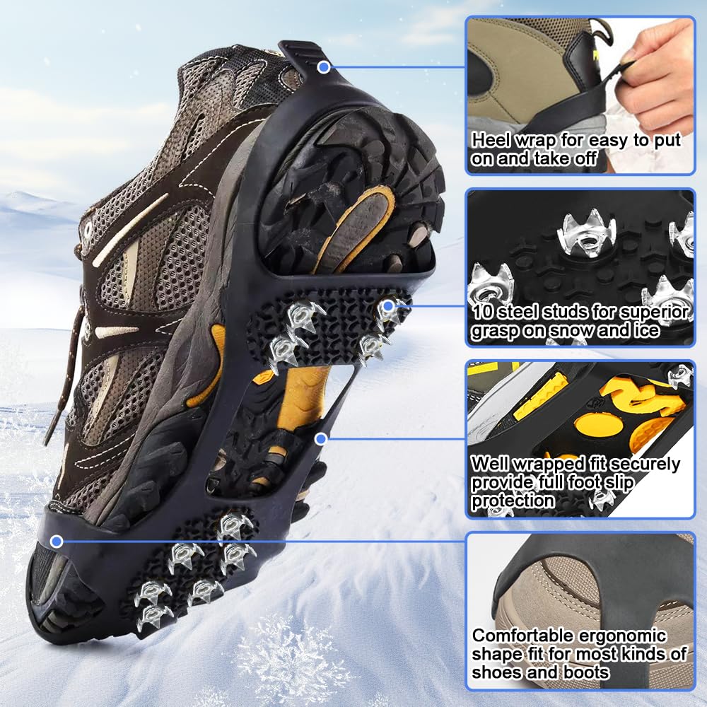 Ramponi per ghiaccio e neve, tacchetti per scarpe e stivali, antiscivolo, 10 punte in acciaio inox, protezione sicura per escursionismo, pesca, passeggiate