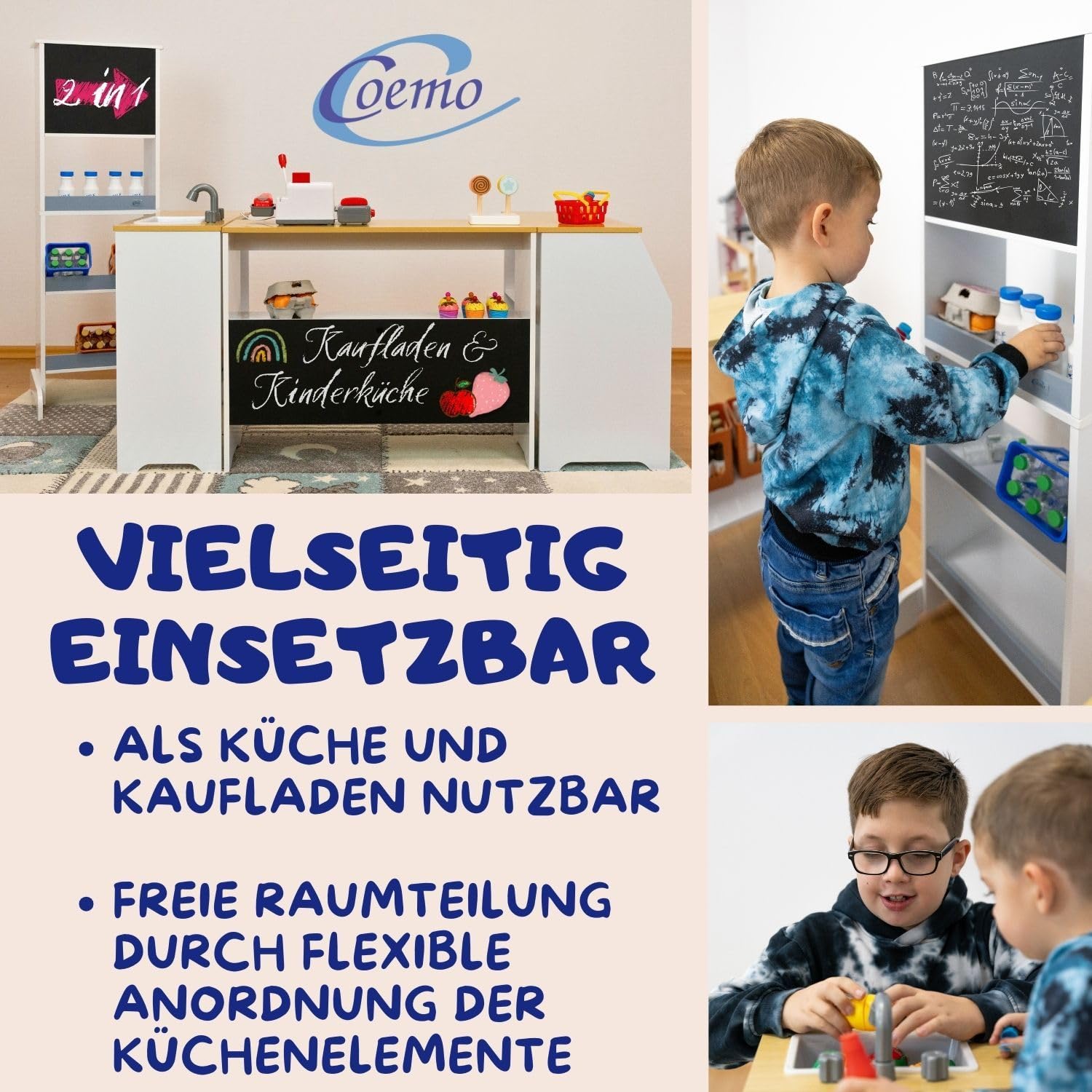 Coemo Spielküche Kaufladen Ida, grau, 4er Set mit Spülbecken | Große Kinderküche, Kaufmannsladen für Kinder, Spielzeugküche, Spielzeug und Küchenzubehör, Holzküche mit Kreidetafel