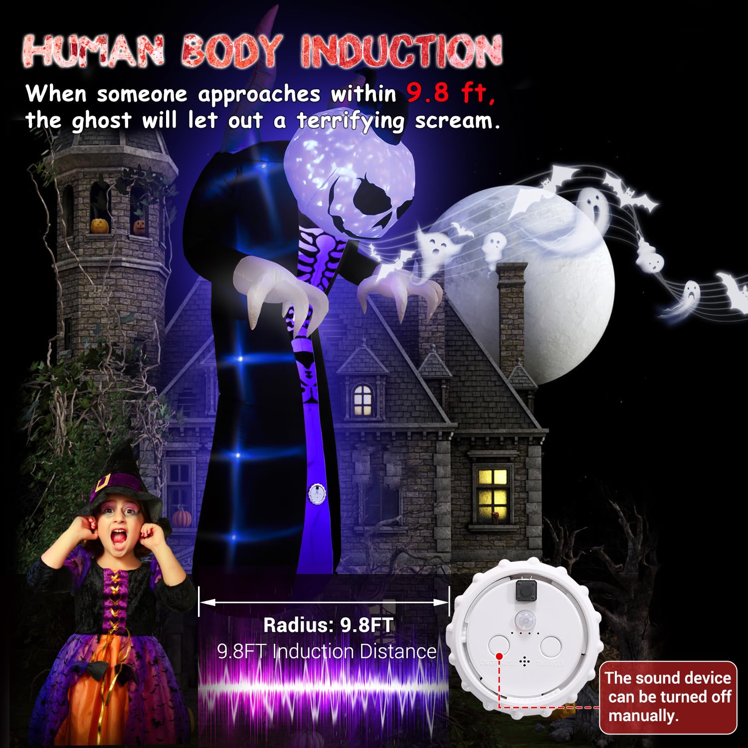 Quntis 10FT Halloween Inflatable Decorations with 8 Colors Scream Sound