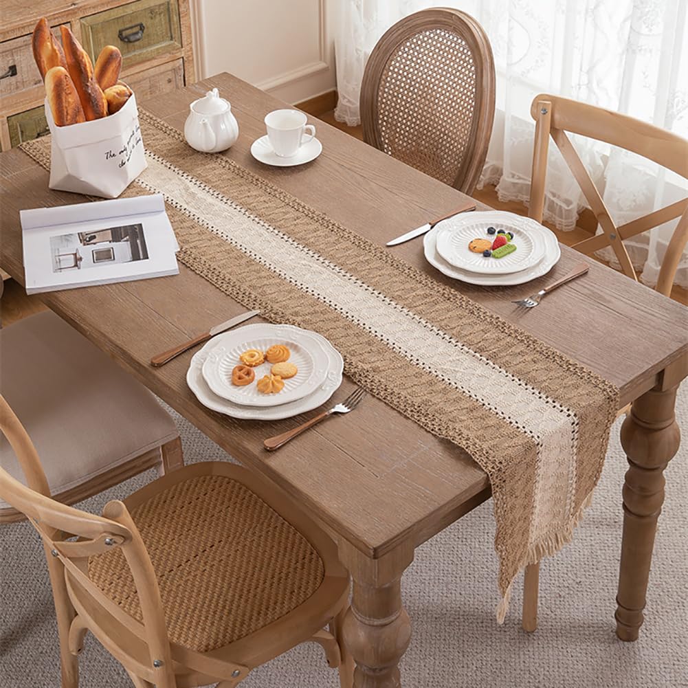 NIUSABOU Kitchen Dining TableDecoration, Cotton Linen Table Runner With Fringe Farmhouse Rustic 30x(50-300) cm(B,30x220cm(11.8x86.6in))