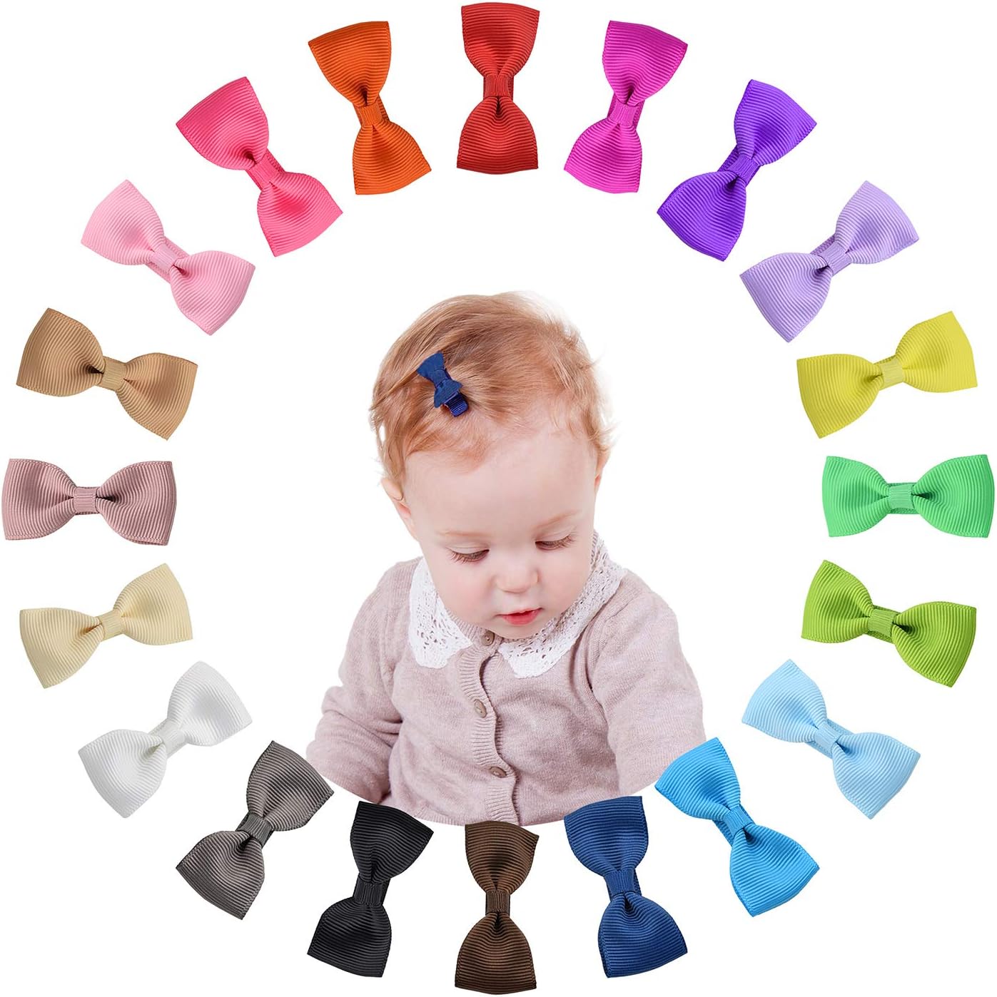Shemay 20 Pairs Tiny 2 inches Hair Bows Fully Covered Hair Clips for Baby Girls Toddlers Infants