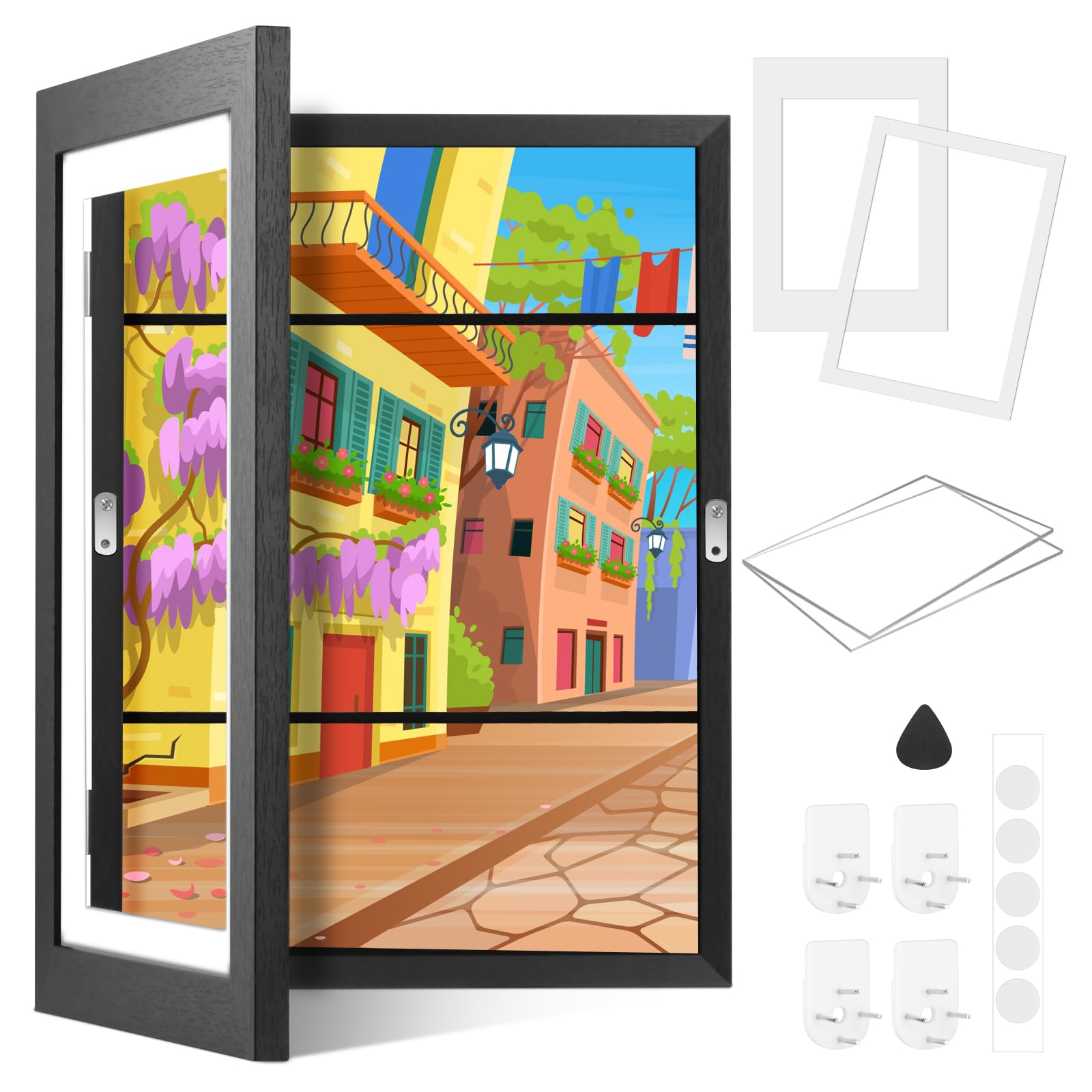 Bilderrahmen Kinderzeichnungen A3 Holz Set (1, Schwarz) – Frontöffnung Kinderrahmen für Kunstwerke – Wechselrahmen mit Passepartout für DIN A4/A3 – Ideal für Kinderbilder, Schule, Zuhause & Büro