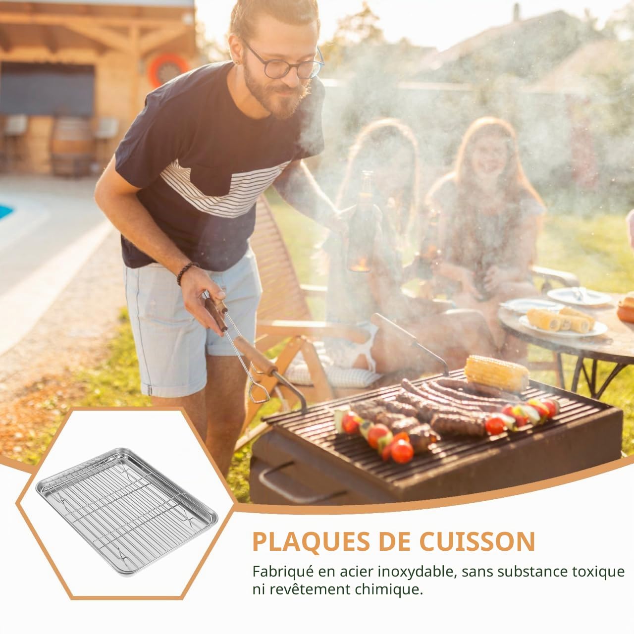 DOITOOL Lot de 1 plaques de Cuisson rectangulaires en Acier Inoxydable avec Support de Refroidissement Amovible 31 x 24 x 2,5 cm