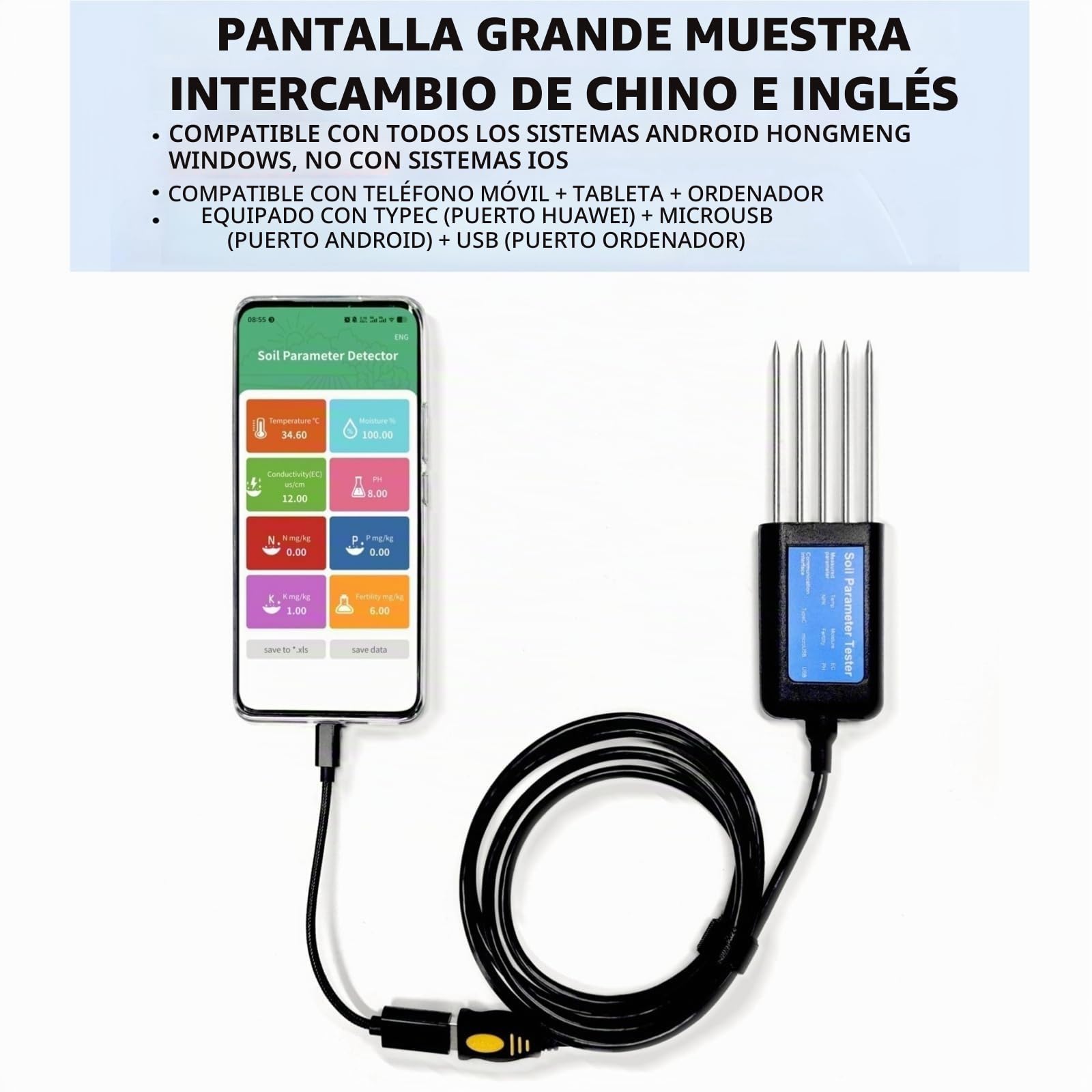 Medidor de Suelo Transmisor Integrado de Suelo, Temperatura, Humedad, CE, NPK, pH, Sensor de Suelo for análisis de Suelo agrícola