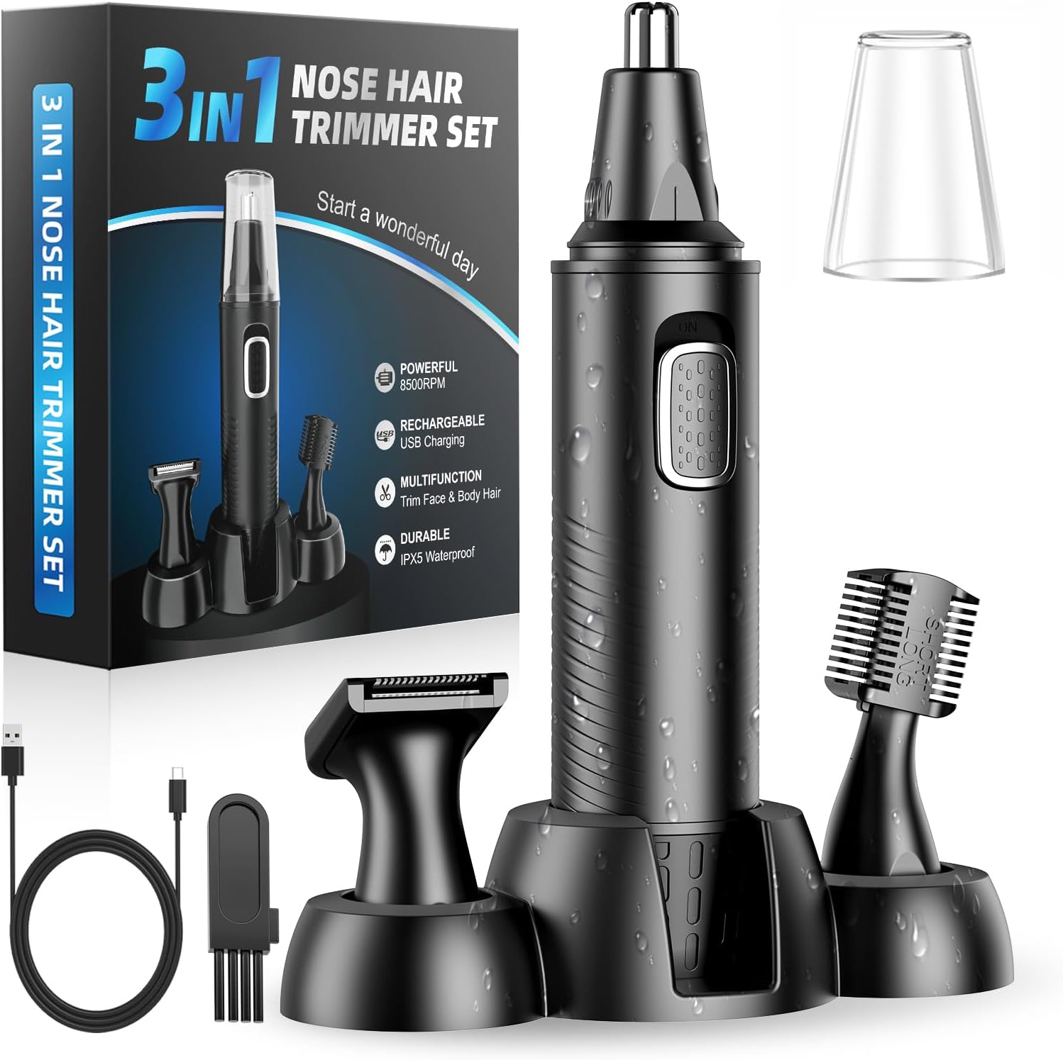 Tagliapeli Naso Orecchie Sopracciglia 3-in-1, Ricaricabile USB - Professionale Indolore e Impermeabile per Uomo Donna, Nero