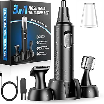 Tagliapeli Naso Orecchie Sopracciglia 3-in-1, Ricaricabile USB - Professionale Indolore e Impermeabile per Uomo Donna, Nero