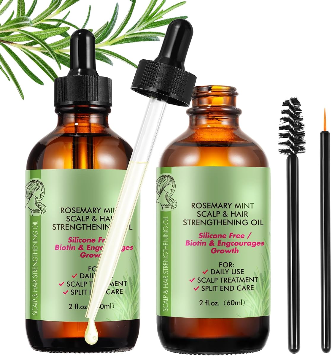 Aceite esencial de romero (paquete de 2), aceite de romero para el crecimiento del cabello y el cuidado de la piel, cara, tratamiento del cuero cabelludo seco, suero para el crecimiento del cabello para un cabello más grueso, largo, completo y saludable