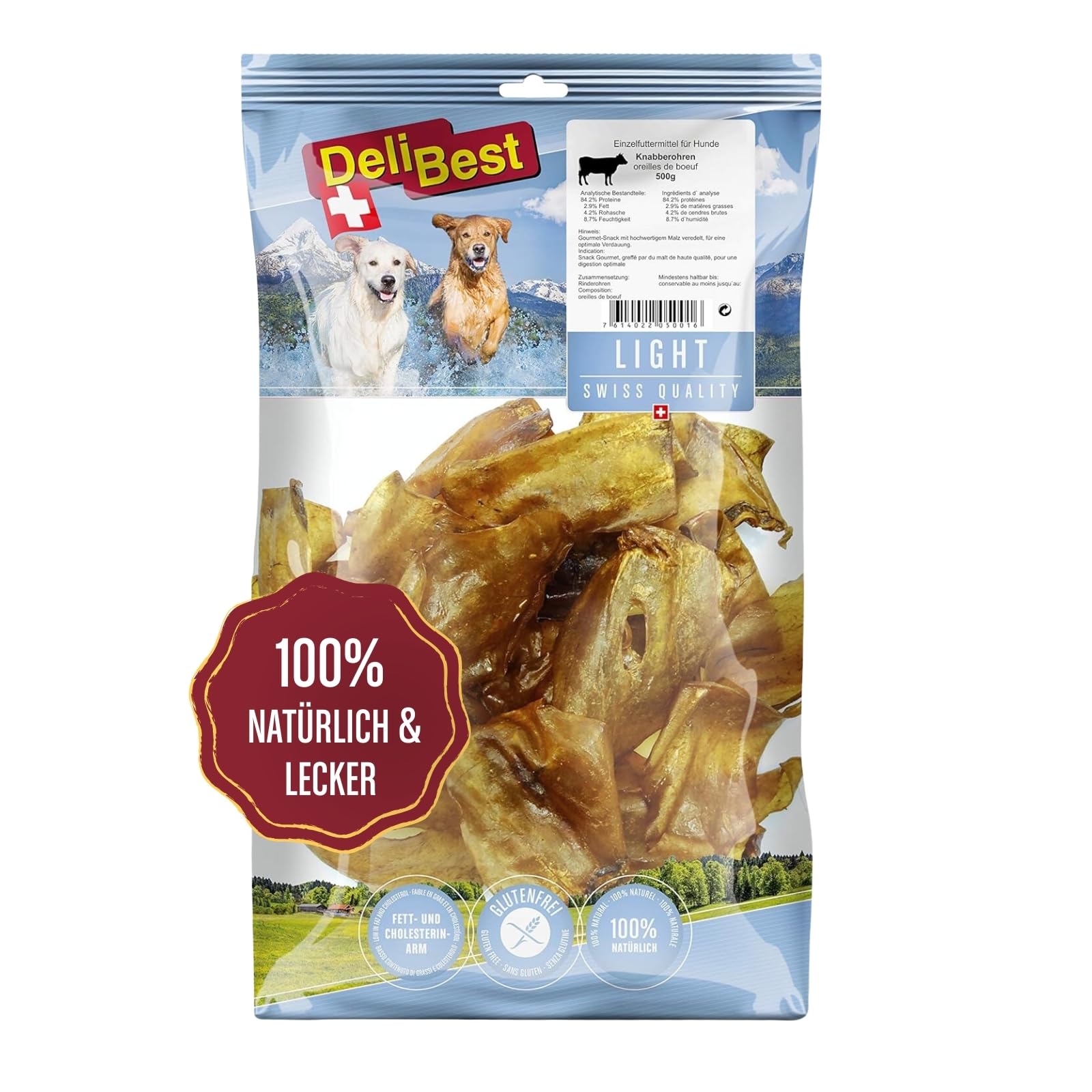 DeliBest Light Knabberohren gourmet I Dental Sticks I Hundesnacks getreidefrei I Rinderohren für Hunde I Rinderohren getrocknet I Hundezahnpflege Snack 500g