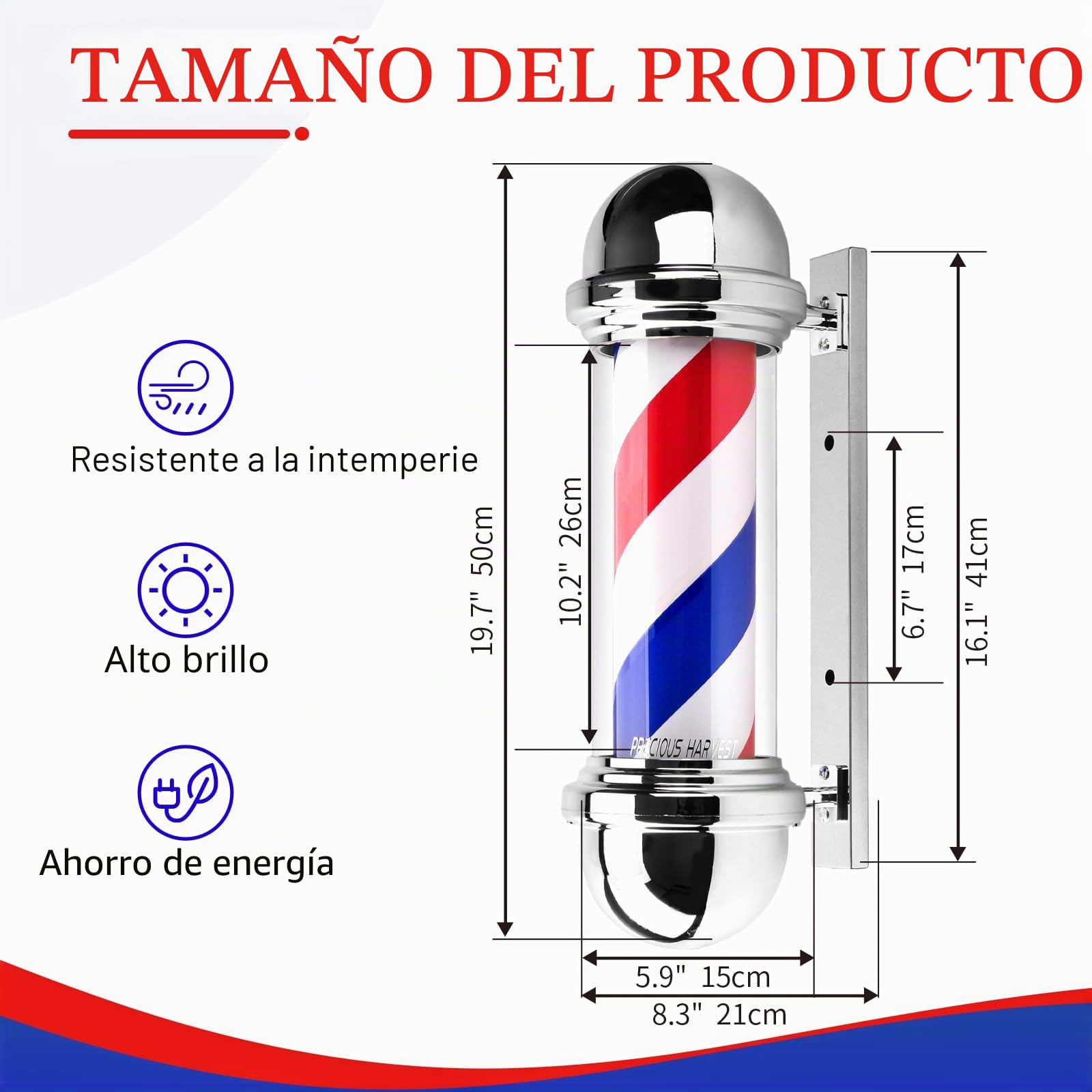 Vara Barbier de 51 cm, Luz giratoria de Barbería en Rojo, Azul y Blanco, Carteles clásicos para Salón de Peluquería, Fuente de luz LED (Plateado)