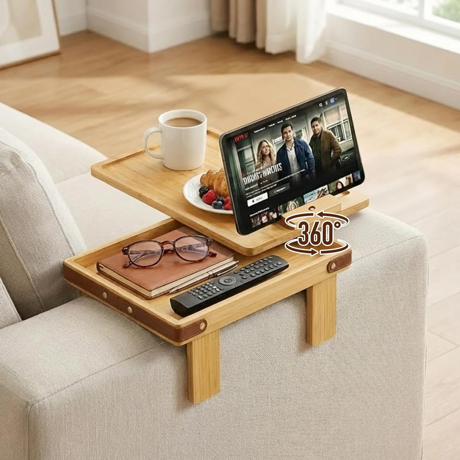 Couch Armrest Tray with Bamboo - Adjustable Sofa Arm Table with 360° Rotating Phone Holder and Hidden Storage Compartment for Snacks, Drinks, Remote, Fits Sofa Width of Armrest 5.5" - 9.8" (Natural)