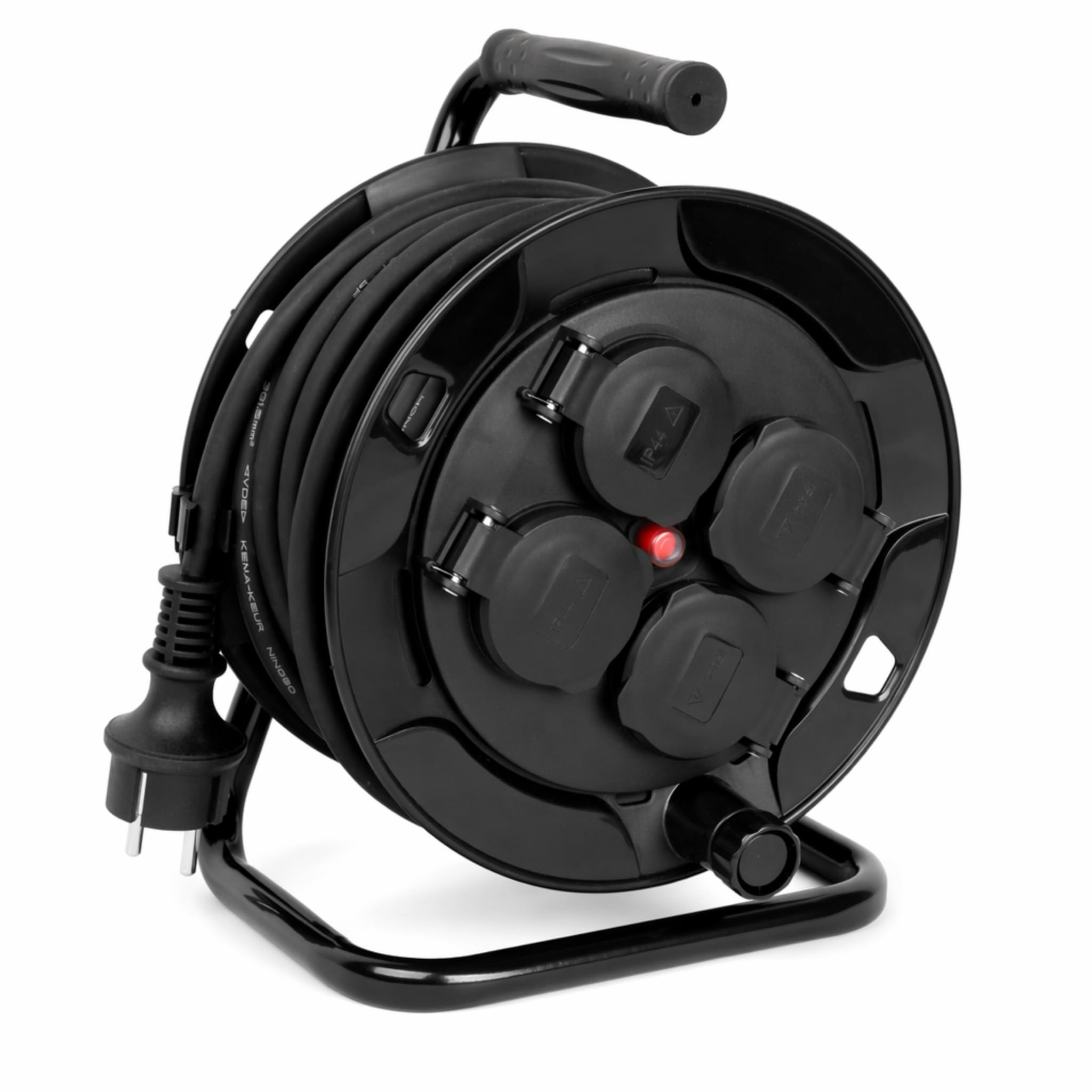 LEX Profi Kabeltrommel 40m IP44 - Outdoor Verlängerungskabel, 4 Steckdosen | Spritzwassergeschütztes 3 x 1,5 mm Stromkabel, robuster Metallständer mit Haltegriff & drehbare Kurbel für leichtes Aufrollen