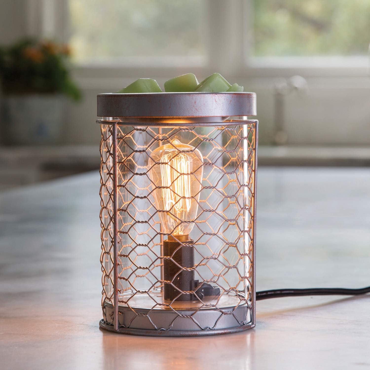 CANDLE WARMERS ETC. Edison Style Illumination Fragrance Warmer- Light-Up Warmer for Warming Scented Candle Wax Melts and Tarts or Essential Oils to Freshen Room, Chicken Wire