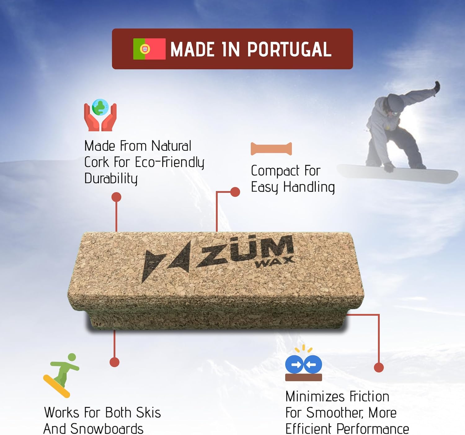 ZUMWax Rub-On Ski/Snowboard/Nordic/Cross-Country Wax 70g, UNIVERSAL + Natural Polishing Snowboard Cork, Eco-Friendly, Buffs Wax, Boosts Speed & Grip, Protects Base, Compact & Durable, Ideal All Levels