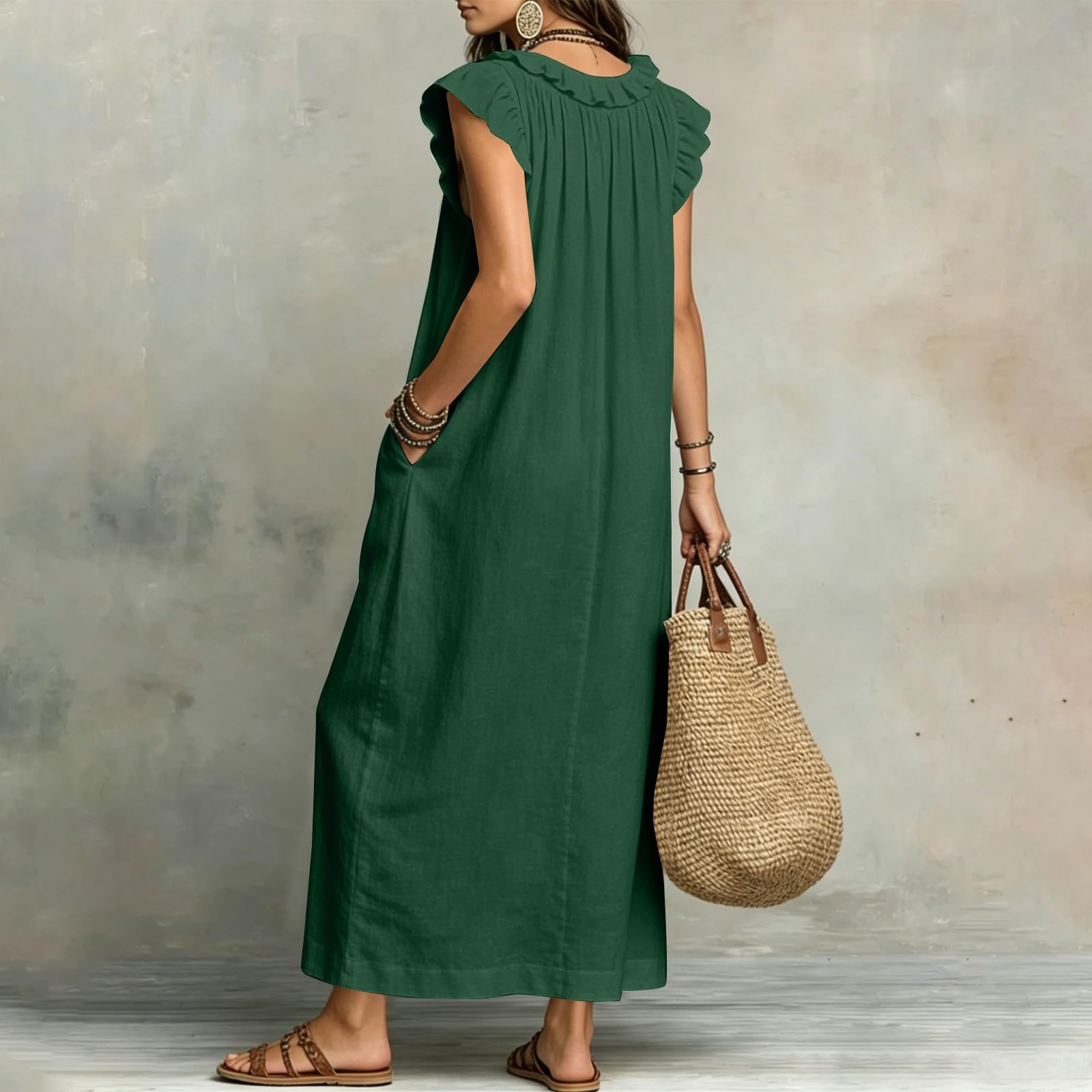 Maxi abito da donna, elegante, maxi abito estivo, a tunica, linea ad A, abito estivo leggero e arioso, comodo abito da spiaggia, tinta unita, a mezze maniche